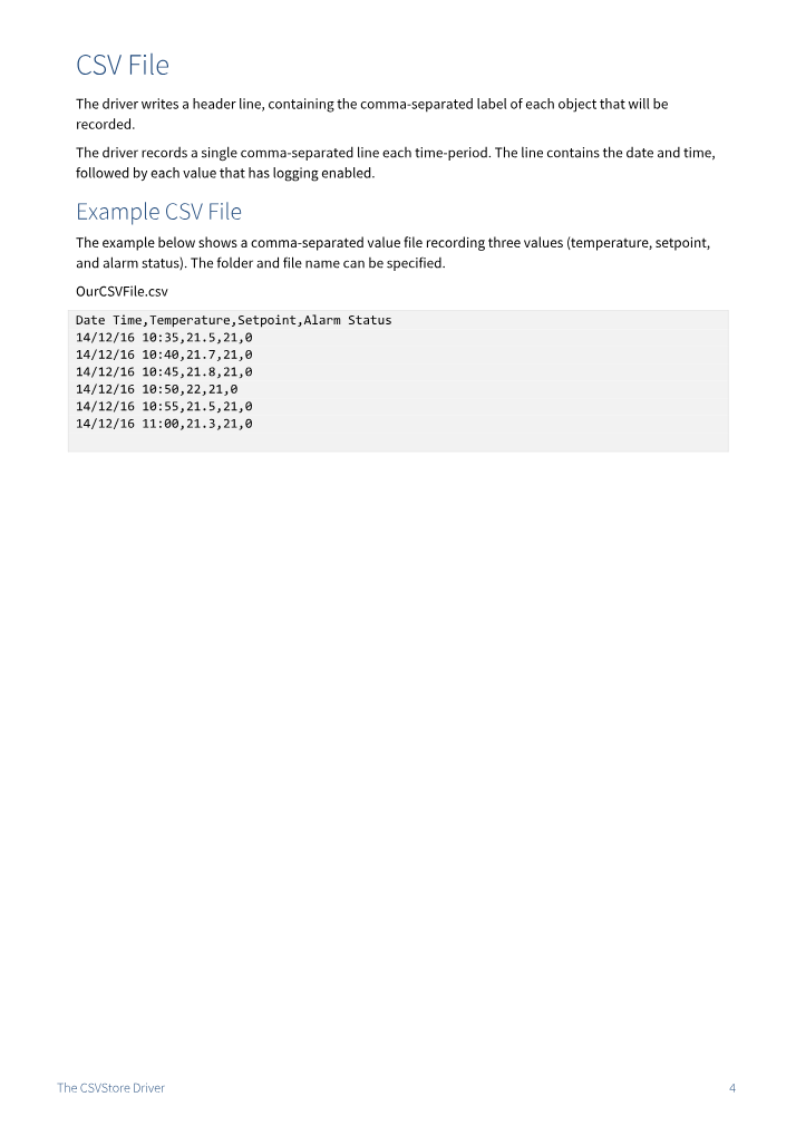 Preview thumbnail of page 4 of the CSVStore Driver Manual PDF document.